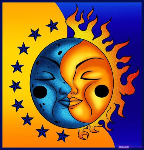 The Sun And Moon Have Faces In Each Others Eyes With Stars Around Them