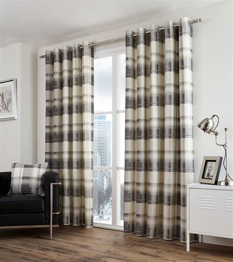 Buy curtains online, free shipping available. PLAID CHECK GREY BEIGE LINED 100% COTTON RING TOP CURTAINS ...