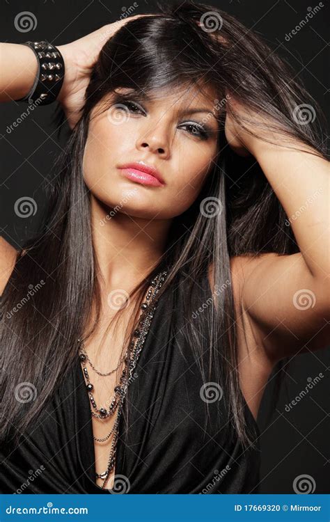 Brunette With Long Hair Posing On Black Stock Photo Image 17669320