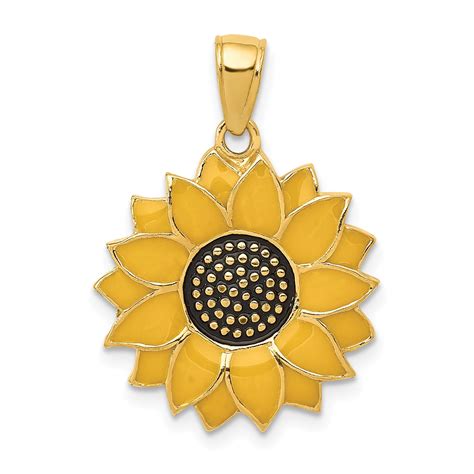 14kt Yellow Gold Enameled Sunflower Pendant Charm Necklace Flower
