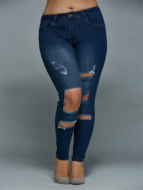 41 Off 2021 Skinny Plus Size Distressed Jeans In Denim Blue Dresslily