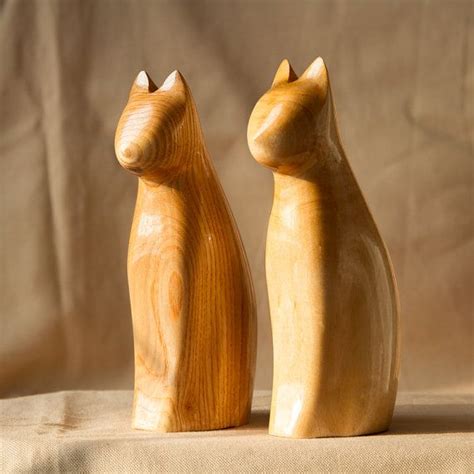Wooden Cats Statue Wooden Cats Figurine Wood Carving Hand Carved