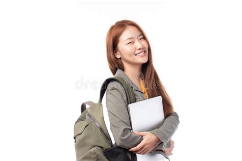 Portrait Of Happy Casual Asian Girl Student With Backpack And Laptop