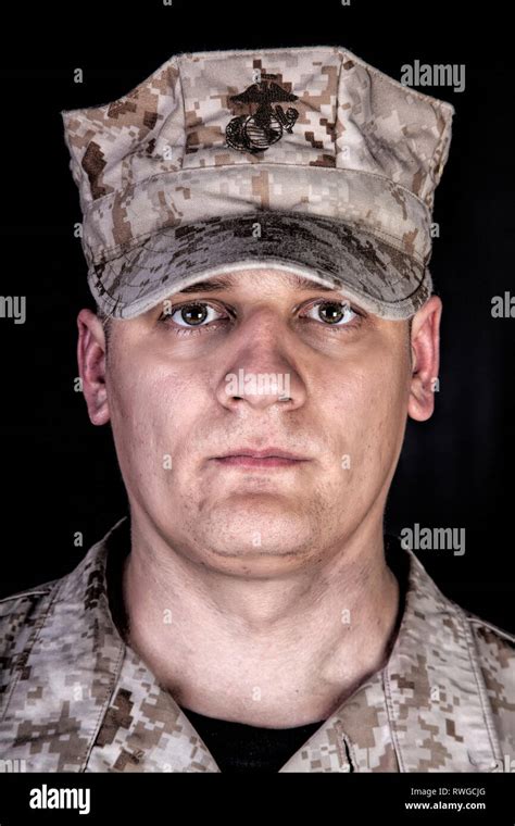 Close Up Studio Portrait Of Us Marine In Patrol Cap Stock Photo Alamy
