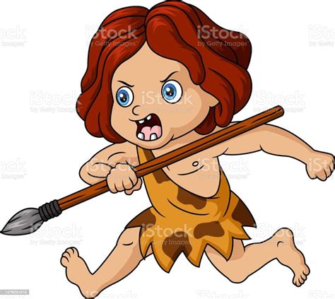 Cute Cave Girl Cartoon Hunting With Spear Stock Illustration Download