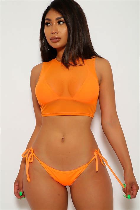 Neon Orange Mesh Halter Three Piece Swimsuit Neon Orange Swimsuit Neon Bathing Suits Orange