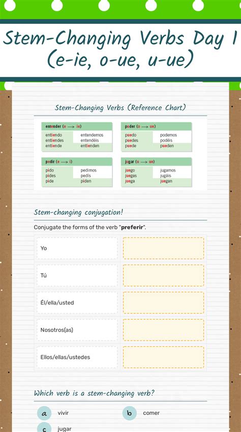 Stem Changing Verbs Day 1 E Ie O Ue U Ue Interactive Worksheet By