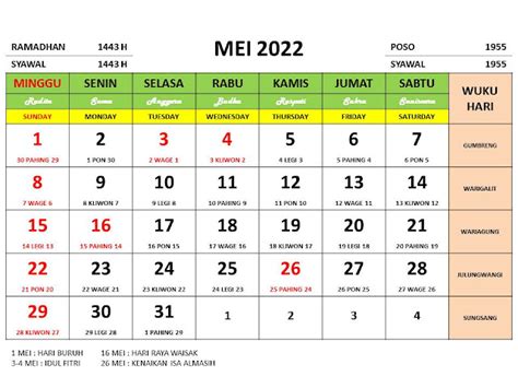 Kalender Bulan Mei 2022 dan Hari Peringatannya