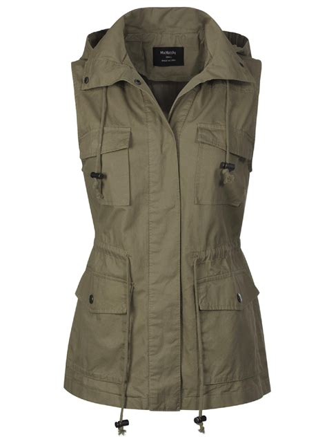 Made By Olivia Womens Drawstring Lightweight Loose Fit Sleeveless Vest Utility Jacket