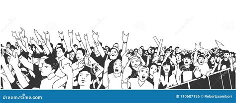 Illustration Of Large Crowd Of People Cheering At Concert With Raised