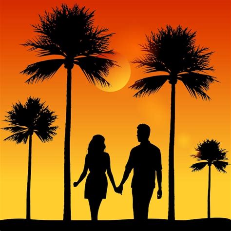 Silhouette Eines Paares Das Zusammen Am Strand Vor Einem Tropischen