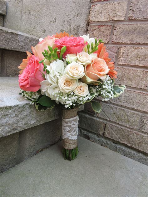 Coral Peach And White Wedding Bouquet Including Freesia Roses