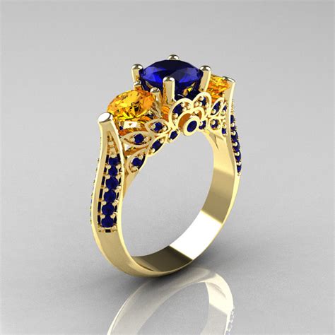 Classic K Yellow Gold Three Stone Blue Sapphire Citrine Solitaire Ring R Kygbsci Art