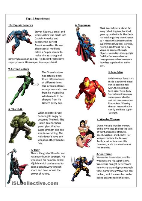 Top 10 Superheroes Reading Comprehension English Activities Esl