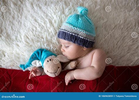Little Sleeping Newborn Baby Boy Wearing Santa Hat Stock Image Image