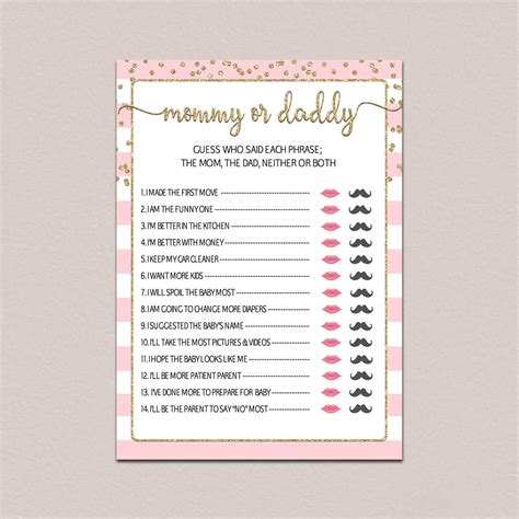 Before the shower, have the mom and dad to be answer who will be the first to do each item on the list. Mommy or daddy baby shower game printable Guessing game | Etsy