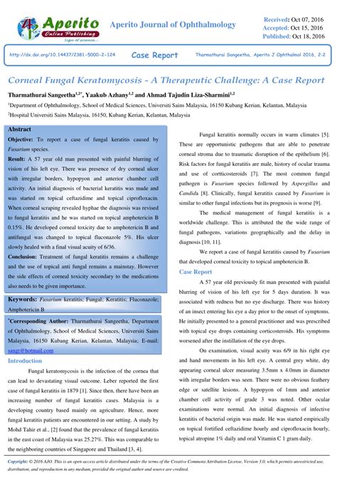 Pdf Corneal Fungal Keratomycosis A Therapeutic Challenge A Case Report