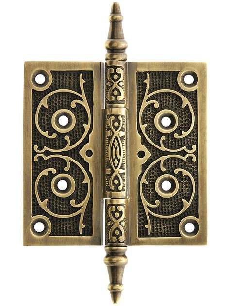 4 Solid Brass Steeple Tip Hinge With Decorative Vine Pattern Antique