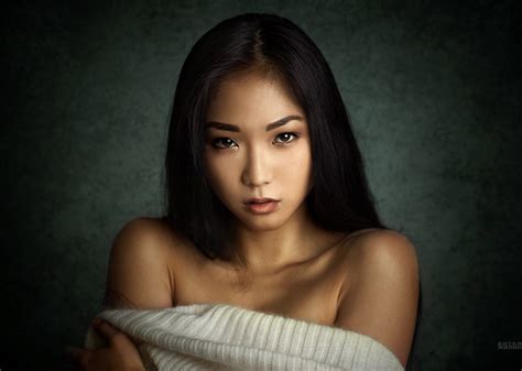 women model brunette long hair looking at viewer face portrait brown eyes asian bare shoulders