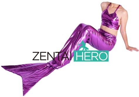 Free Shipping Dhl Sexy Fancy Dress Shiny Metallic Two Pieces Purple Color Mermaid Tail Costume