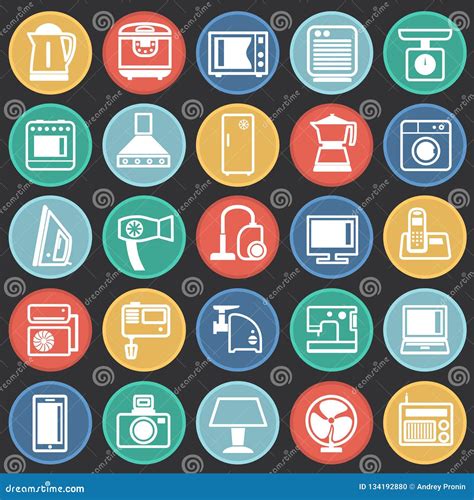Home Appliance Icons Set On Color Circles Black Background For Graphic
