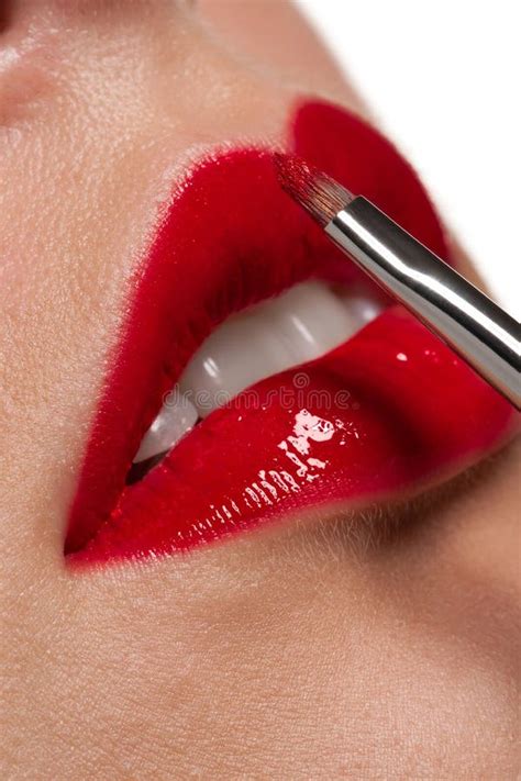 Woman Applying Glossy Red Lipstick Stock Image Image Of Clean