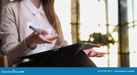 Woman Fill In Information In Questionnaire Making Application For Hire On Vacancy Stock Image