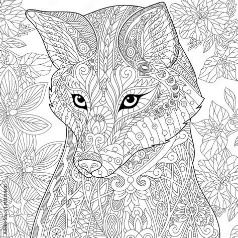 Stylized Cartoon Wild Fox Animal And Hibiscus Flowers Freehand Sketch