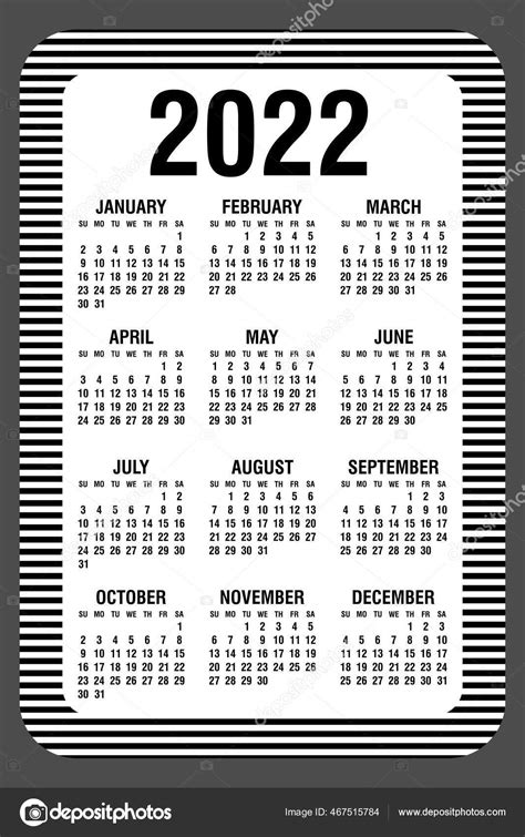 Calendario 2022 Anual Semana Comienza Domingo Ilustración Vectorial