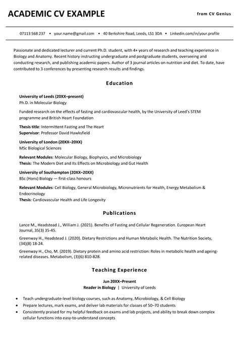 Academic Cv Template With Examples Writing Guide