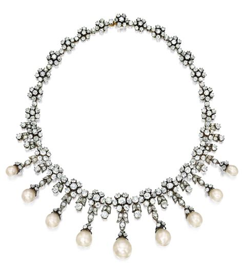 An Antique Natural Pearl And Diamond Necklace Late 19th Century