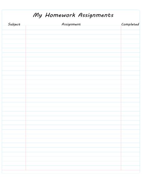 Homework Lined Paper Chart For Kids Free Download