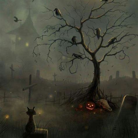 Foggy Graveyard Scene Halloween Raven Halloween Pictures Vintage