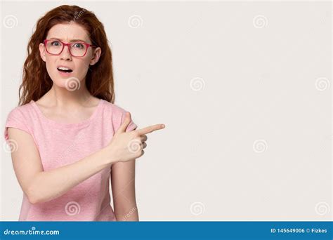 Surprised Red Haired Girl Point Blank Copy Space Stock Photo Image Of