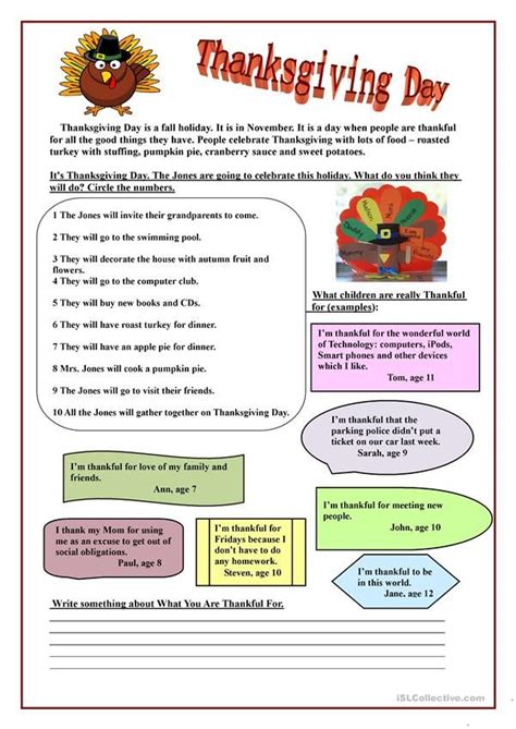 Thanksgiving Day English Esl Worksheets Thanksgiving Lessons