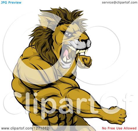 Clipart Of A Tough Angry Muscular Lion Man Punching And Roaring
