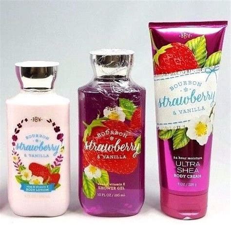 Bath Body Works Bourbon Strawberry Vanilla Lotion Shower Gel Cream 3 Pc