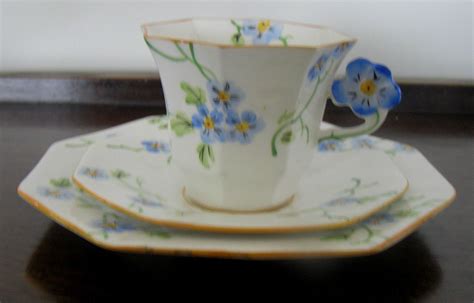Beautiful Art Deco China Trio With Flower Handle By Melba Elegant Blue