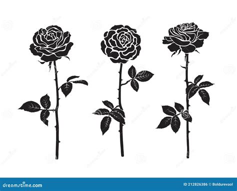 Three Black Silhouettes Of Rose Flowers With Leaves And Stems Vector