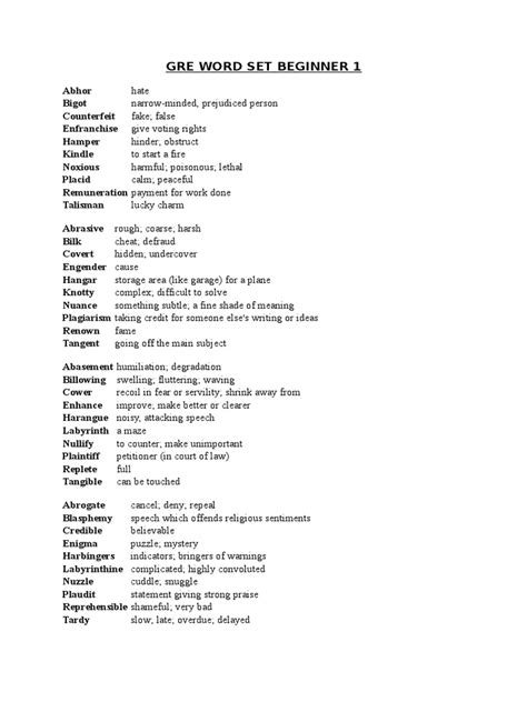 Gre Word Set Beginner 1 A Concise Collection Of Vocabulary Words