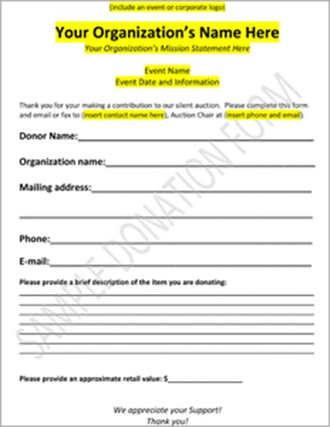 downloadable charity auction donation form template