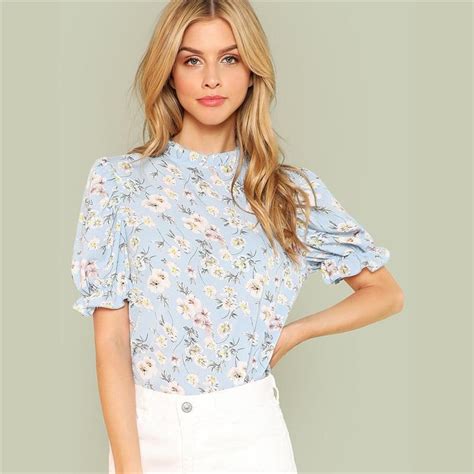 Ruffle Trim Puff Sleeve Floral Women Short Sleeve Blouse In