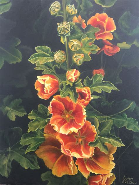 Oil painting of hollyhocks by Lynn Bellino | Flower painting, Oil painting, Painting