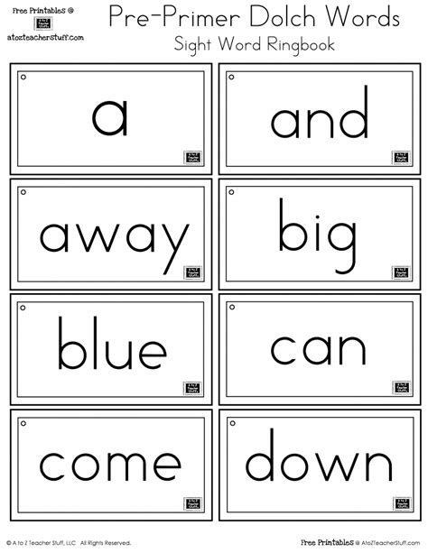 Pre Primer Dolch Sight Words Printable