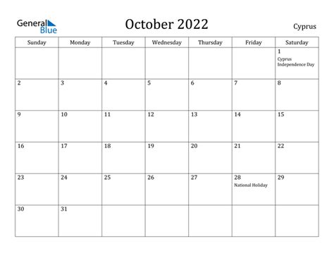 October 2022 Calendar With Cyprus Holidays