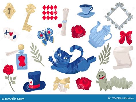 Alice In Wonderland Collection Set Of Isolated Objects Vector
