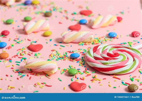 Colorful Candies On Pink Background Stock Image Image Of Bonbon
