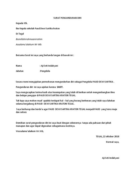 Nah, untuk melanjutkan bagaimana sistem ketika anda keluar dari pekerjaan? Contoh Surat Pengunduran Diri Kepala Sekolah Paud - Bagi ...