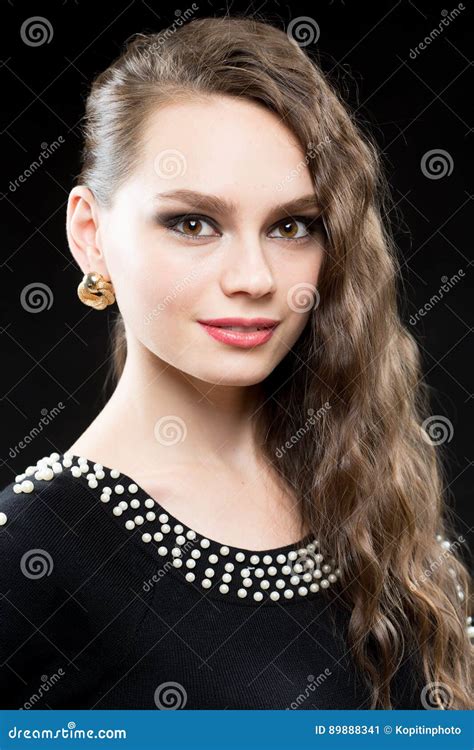 Beautiful Woman With Dark Hair And Evening Makeup Black Dress Stock Image Image Of Black