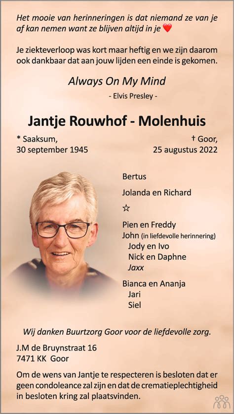 Jantje Rouwhof Molenhuis 25 08 2022 Overlijdensbericht En Condoleances